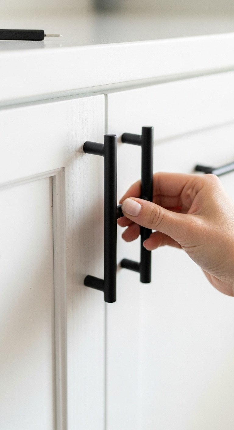 Close-up of a hand installing a modern matte black cabinet pull onto a freshly painted white shaker-style cabinet door.