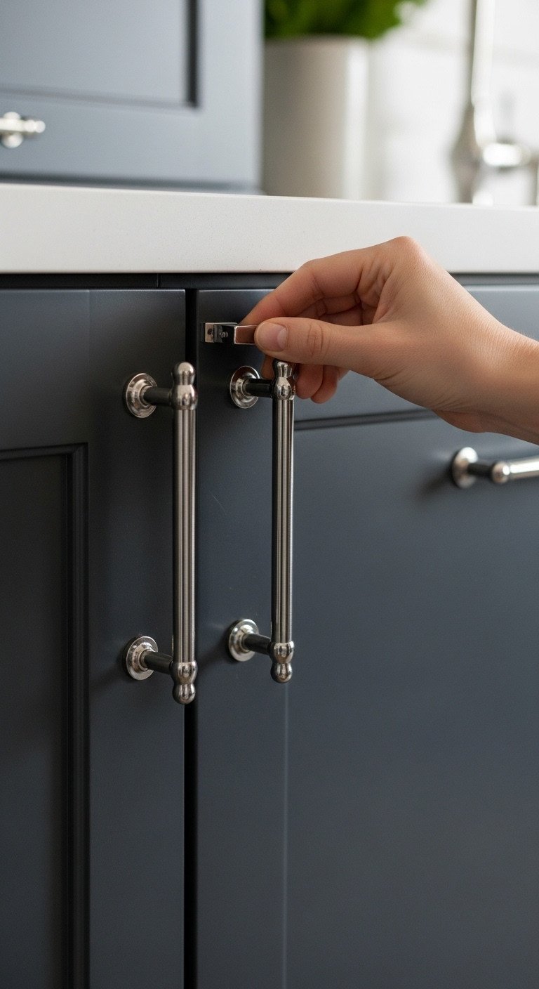 13 Decor Secrets To Make Your Dark Kitchen Feel Brighter 9 Close-up of a hand installing a sleek, polished chrome cabinet pull onto a dark gray shaker-style kitchen cabinet door.