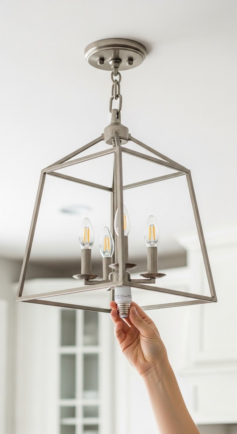 13 Decor Secrets To Make Your Dark Kitchen Feel Brighter 3 Close-up of a hand unscrewing an old lightbulb to replace it with a modern, energy-efficient LED bulb in a kitchen fixture.