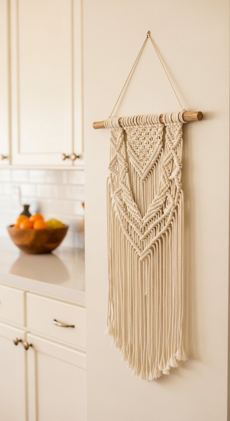 Close-up of a hand-woven macrame wall hanging with geometric knots on a cream wall in a warm, inviting modern home.