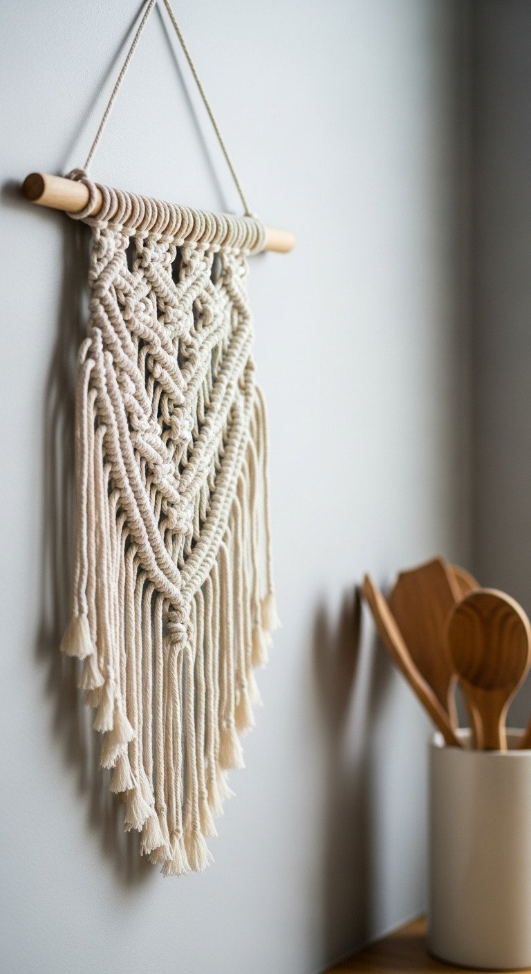 Close-up of a hand-woven macrame wall hanging with intricate knots, in cream and beige, on a gray Scandinavian kitchen wall.