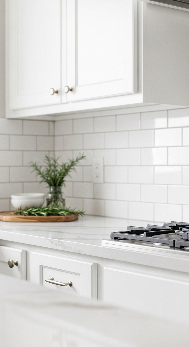 Close-up of a light gray quartz countertop with subtle veining and a white subway tile backsplash in a modern kitchen.