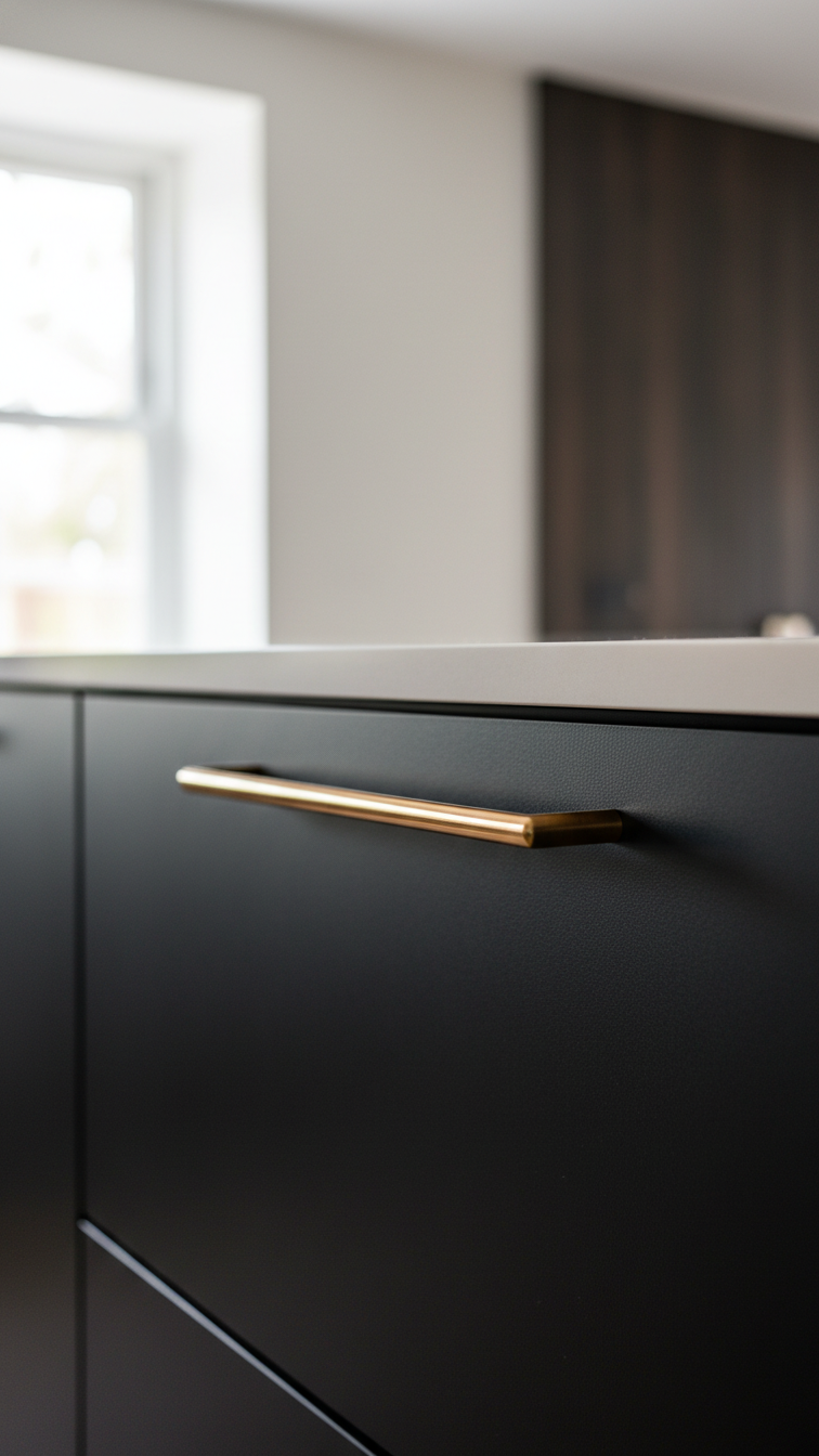 Close-up of a matte black kitchen cabinet door featuring a sleek, elongated brass pull handle and wood accent.