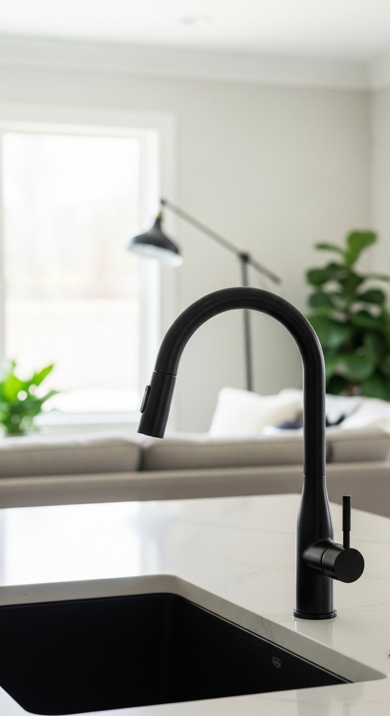 9 Stunning Home Decor Ideas For A Cohesive Living Room And Kitchen 11 Close-up of a matte black kitchen faucet, with a matching black floor lamp in the background to show design cohesion.
