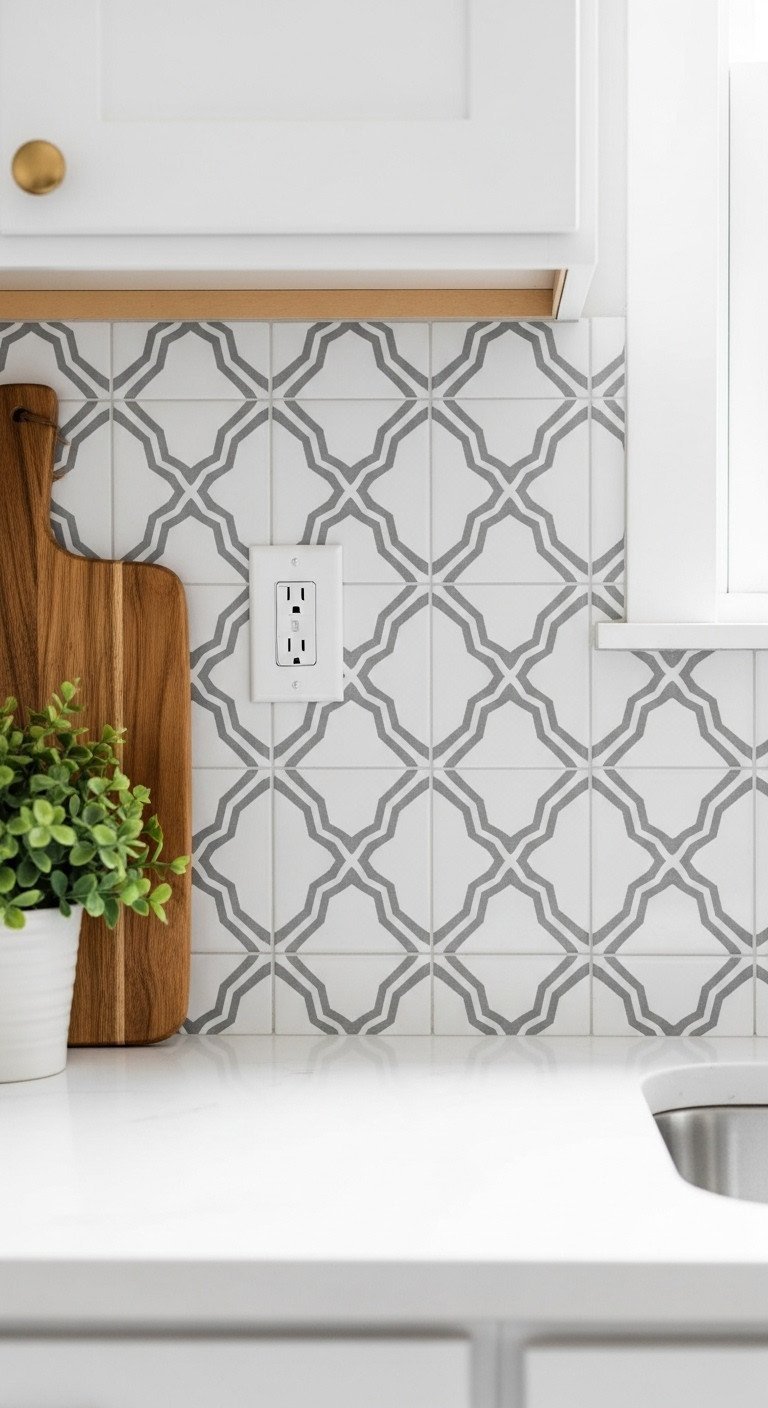 11 Genius Small Kitchen Decor Ideas To Maximize Your Space 5 Close-up of a modern DIY peel-and-stick backsplash with a white and gray geometric pattern behind a kitchen counter.