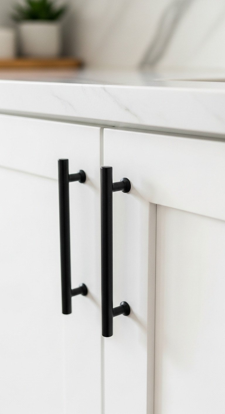 Close-up of a modern matte black cabinet pull installed on a crisp white Shaker-style cabinet door for a high-contrast look.
