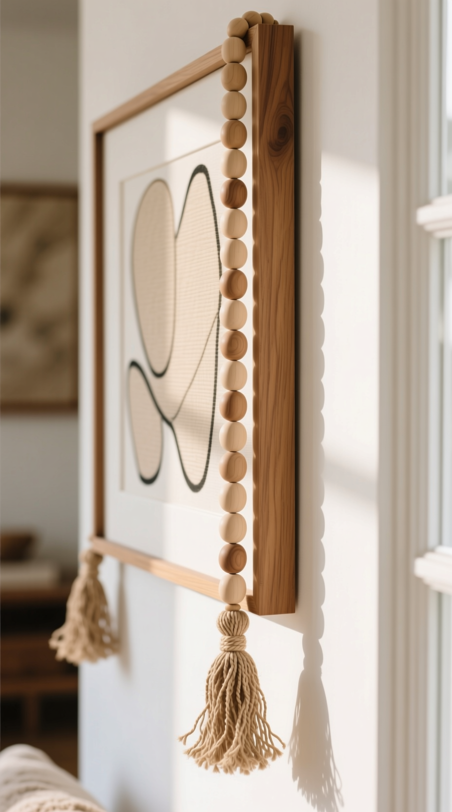 13 Genius Boho Kitchen Wall Decor Ideas You Can Style 13 Close-up of a natural wood bead garland with jute tassels draped over the corner of framed abstract art in a boho nook.
