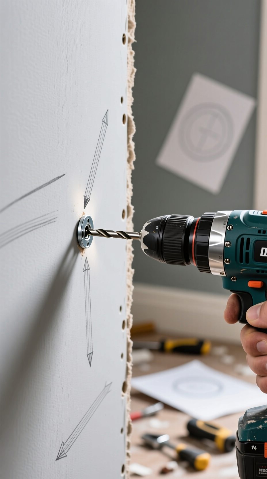 How To Hang Plates On A Wall A Step By Step Visual Guide 11 Close-up of a person using a drill to install a self-drilling drywall anchor into a wall for a secure plate display.
