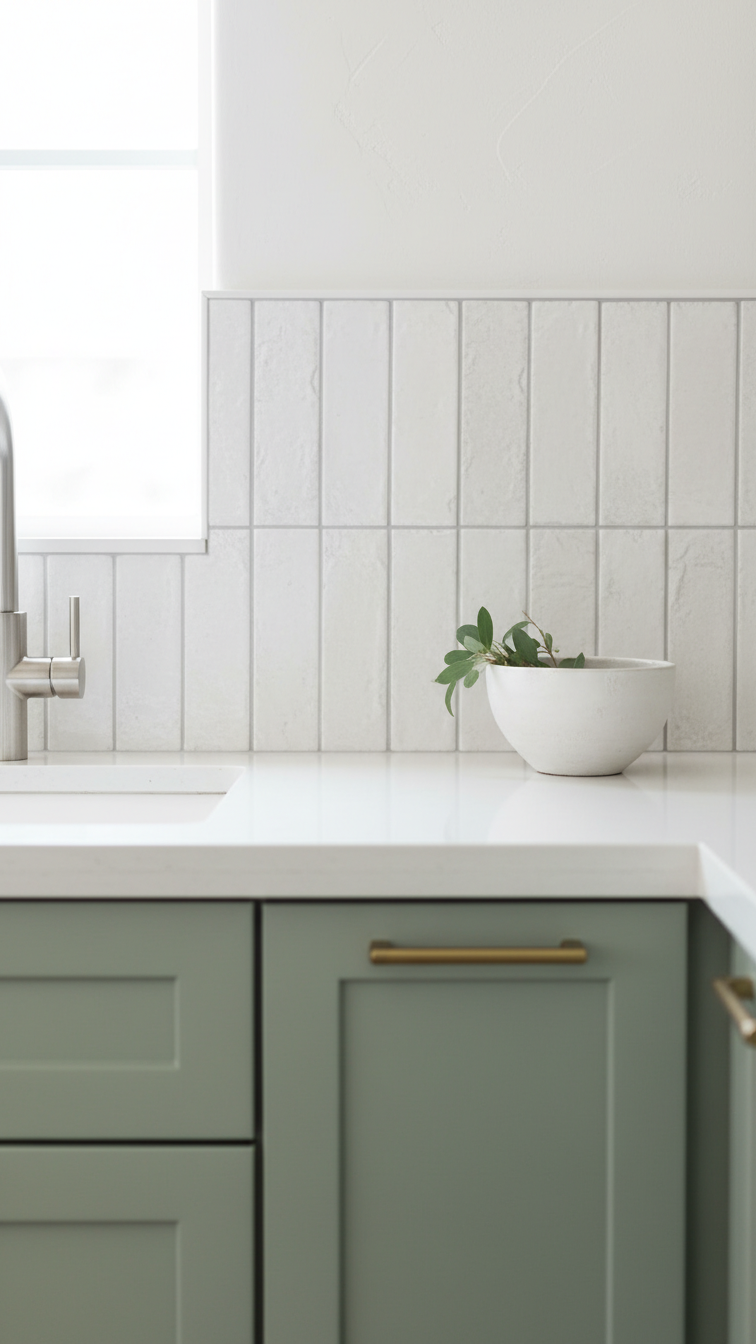 Close-up of a sage green kitchen cabinet paired with a modern textured white subway tile backsplash, sleek silver faucet.