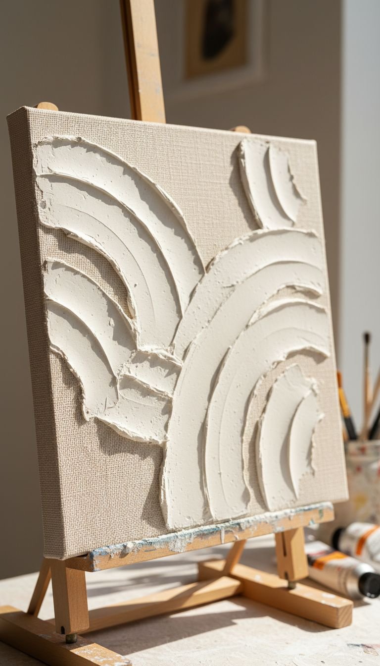13 Minimalist Kitchen Wall Decor Ideas For Every Style 17 Close-up of a square DIY canvas with sweeping, arched patterns made from off-white textured plaster art on an easel.