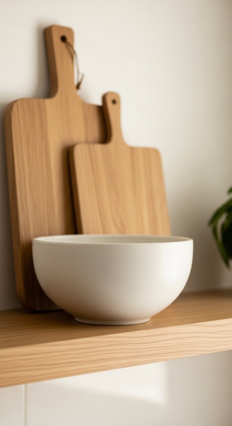Close-up of a styled light oak kitchen shelf featuring a leaning wood cutting board and a large matte white ceramic bowl.