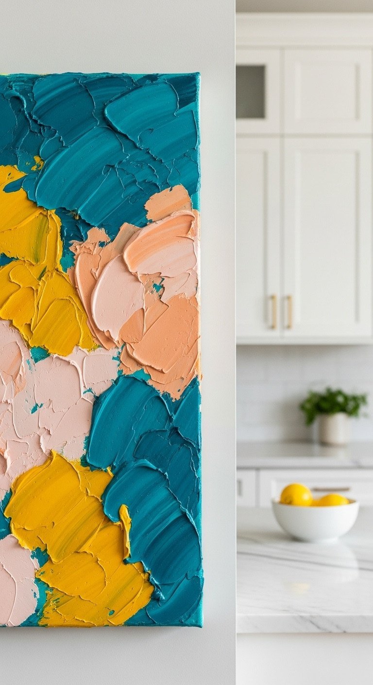 Close-up of a vibrant abstract impasto painting with thick teal and yellow texture in a modern kitchen with marble.