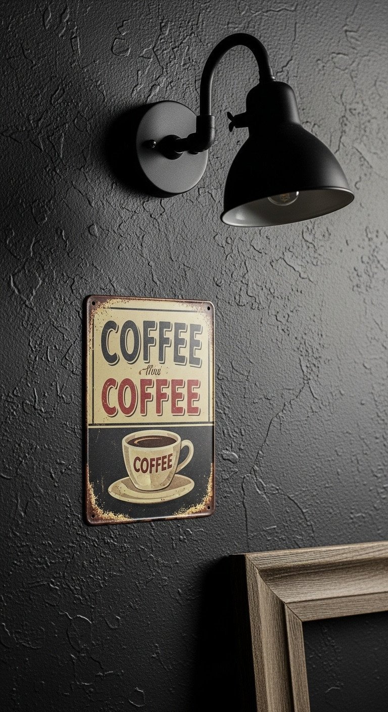 Close-up of a vintage metal coffee sign with a rusted patina hanging on a dark charcoal grey wall in a cozy kitchen.