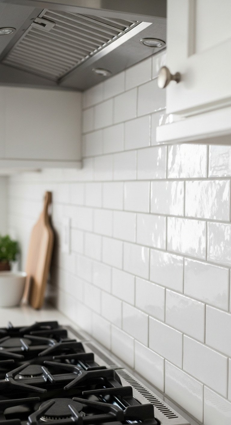 Close-up of a white zellige-style subway tile backsplash with a handmade texture and light gray grout in a modern kitchen.