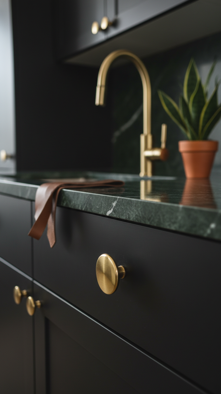 Close-up of aged brass kitchen hardware contrasting against a deep green marble countertop, showcasing luxury metallic finishes in a moody kitchen.