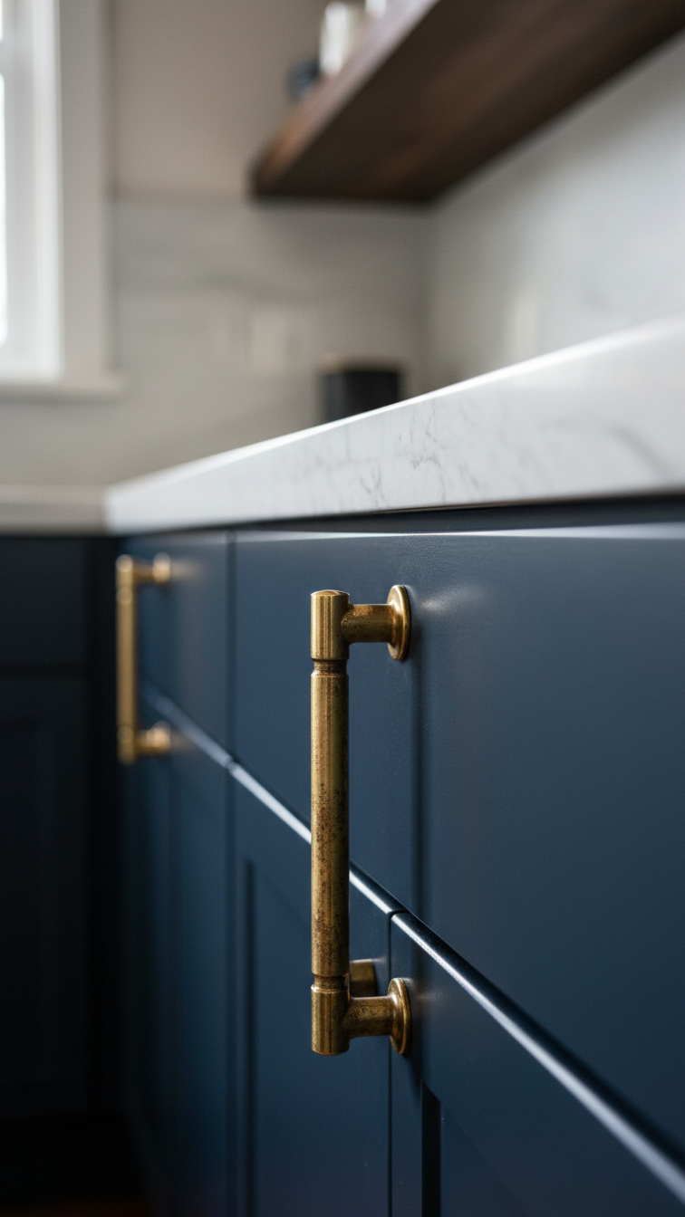Close-up of aged unlacquered brass pull handle with natural patina on a deep navy shaker kitchen cabinet, showcasing rustic modern hardware.