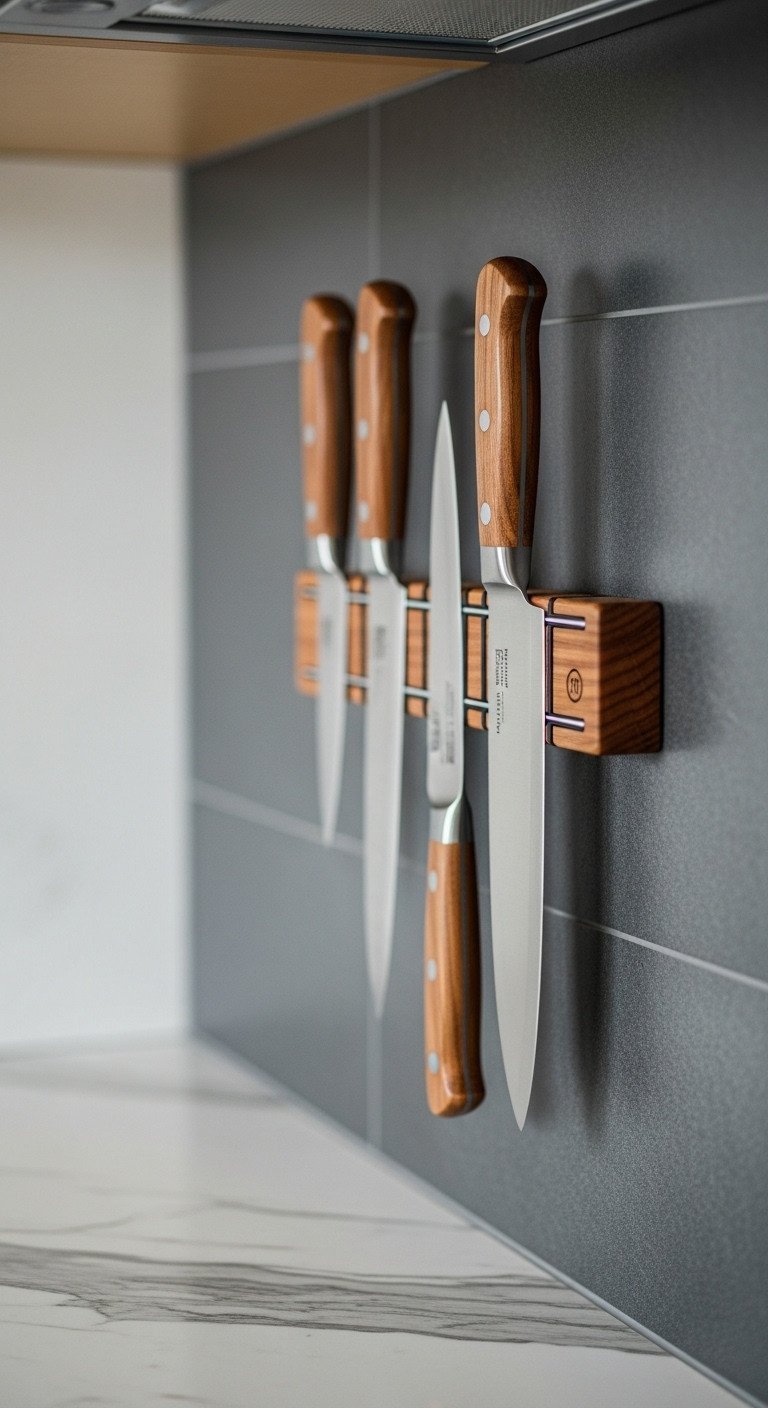 11 Smart Empty Kitchen Wall Ideas For Style And Storage 9 Close-up of an acacia wood magnetic knife strip with professional chef's knives mounted on a dark gray tile backsplash.