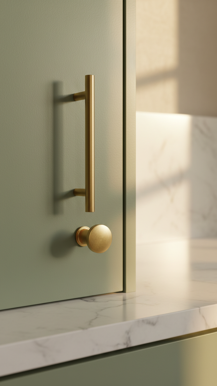 Close-up of an elegant sage green kitchen cabinet featuring sleek matte brass handle and knob set, with white marble countertop.