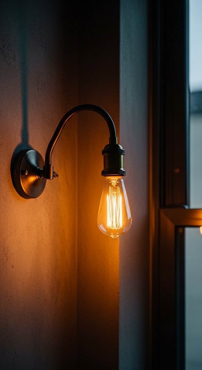 Close-up of an industrial gooseneck wall sconce in dark bronze with a glowing vintage Edison bulb on a dark wall.