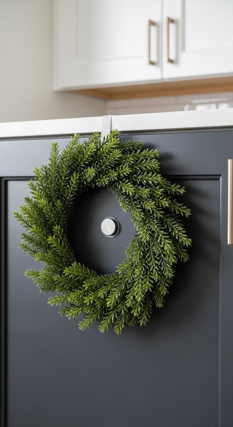 Close-up of an invisible low-profile magnetic wreath fastener on a dark gray flat-panel kitchen cabinet, modern decor solution.