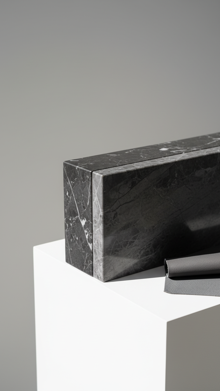 Close-up of dark marble countertop edge, showcasing polished and honed finishes with ogee profile, emphasizing luxurious texture and detail.