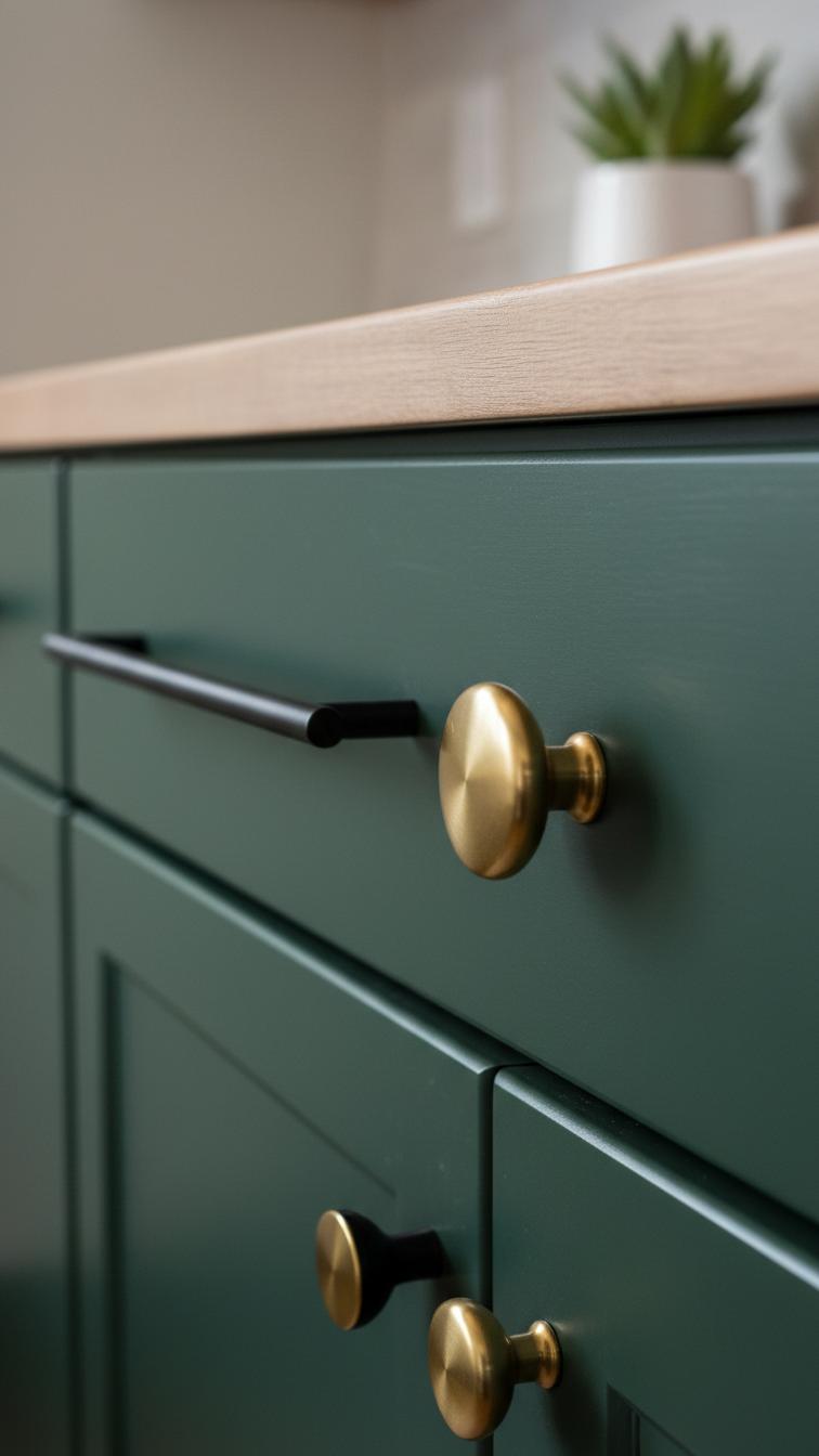 Close-up of deep forest green cabinetry showcasing mixed metal hardware: matte black handle and traditional brass knob.
