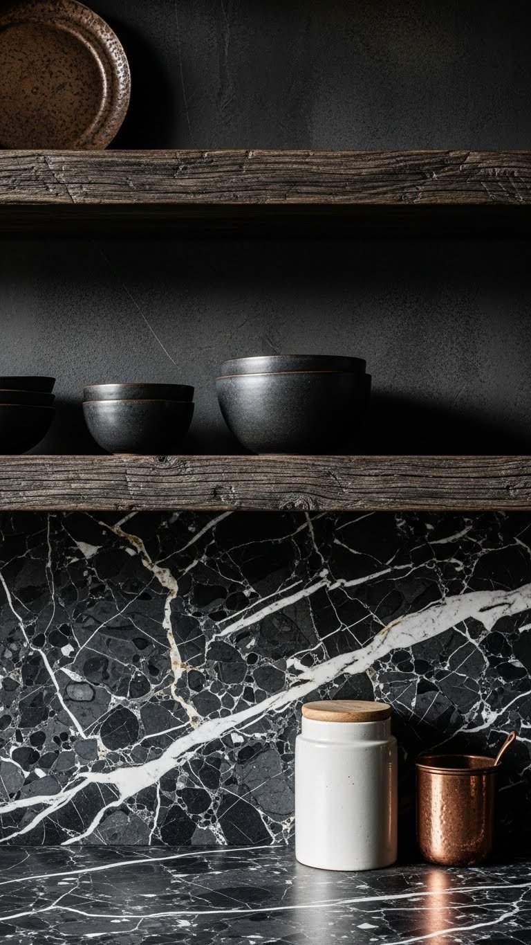 Close-up of distressed dark wood shelving against a heavily veined black marble backsplash with a ceramic jar and copper accessory.