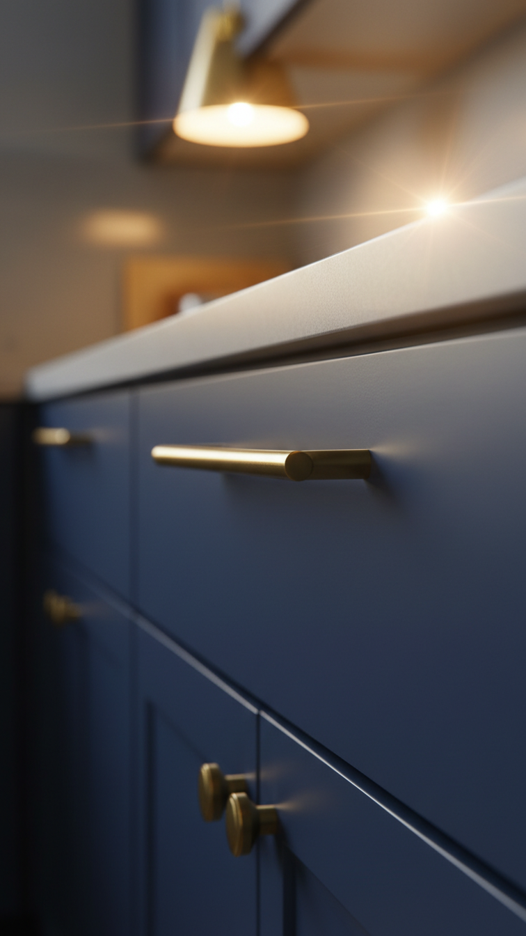 Close-up of elegant brass cabinet pull on a matte midnight blue kitchen cabinet door, featuring a sleek design and golden reflection.
