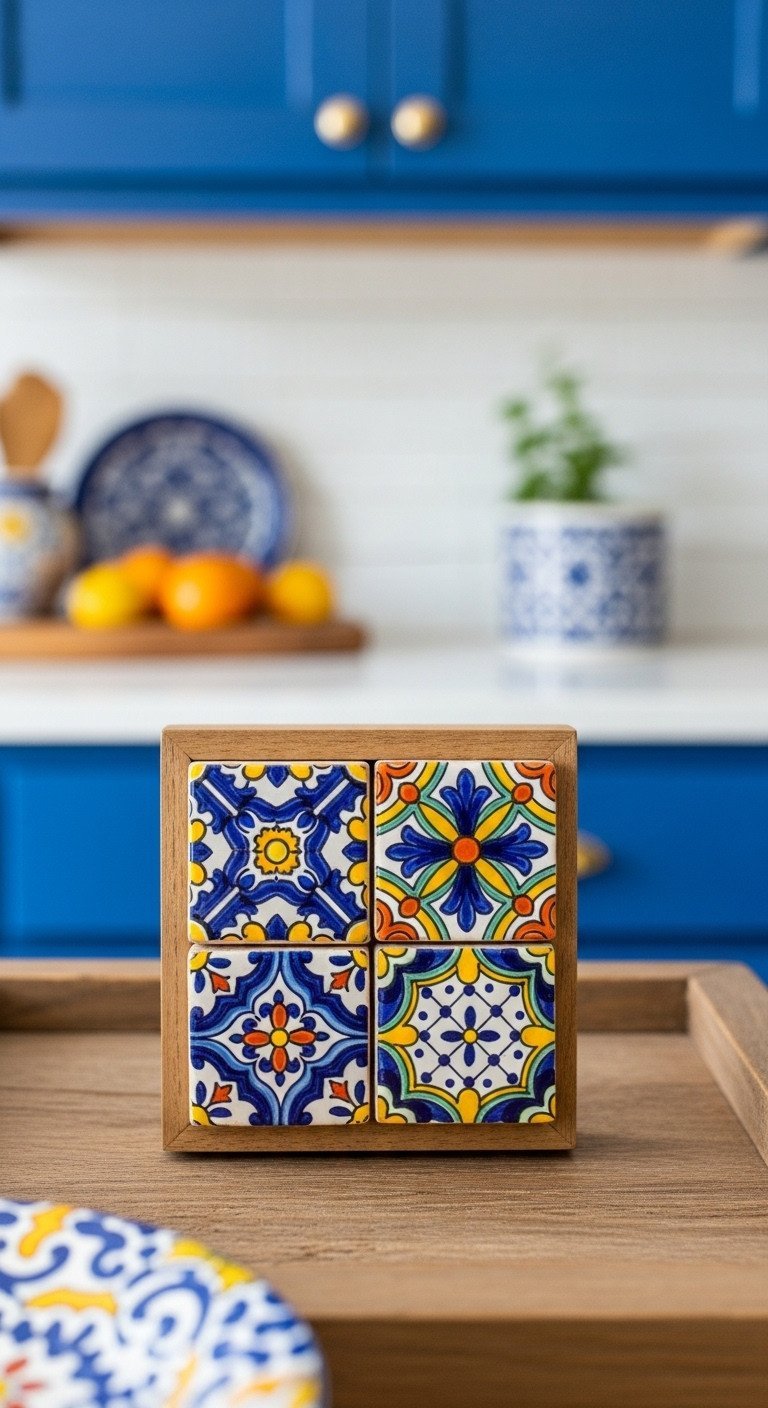 Close-up of four framed Talavera tiles with intricate patterns, hung as art on a vibrant cobalt blue kitchen wall.