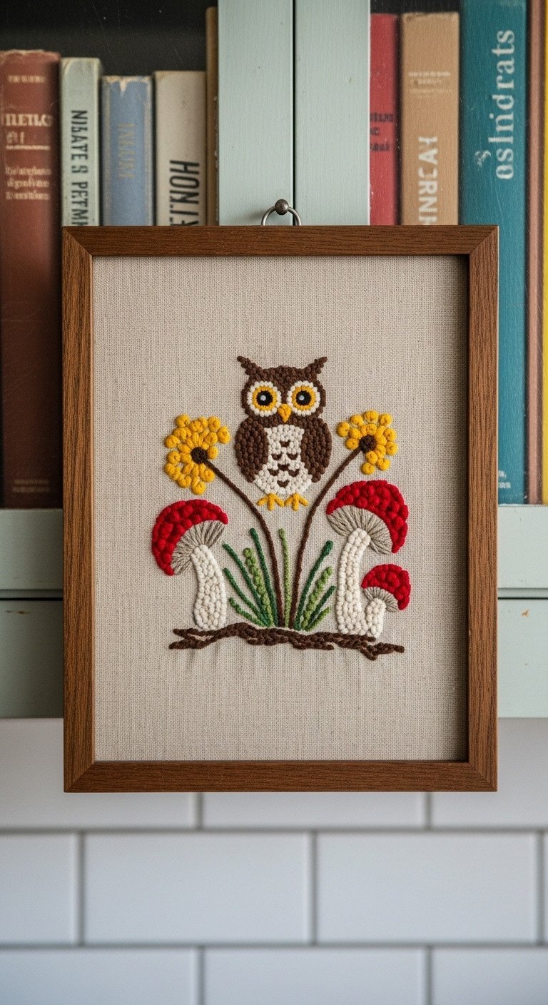 Close-up of framed vintage crewel embroidery featuring a 70s mushroom motif stitched with textured wool yarn on linen.