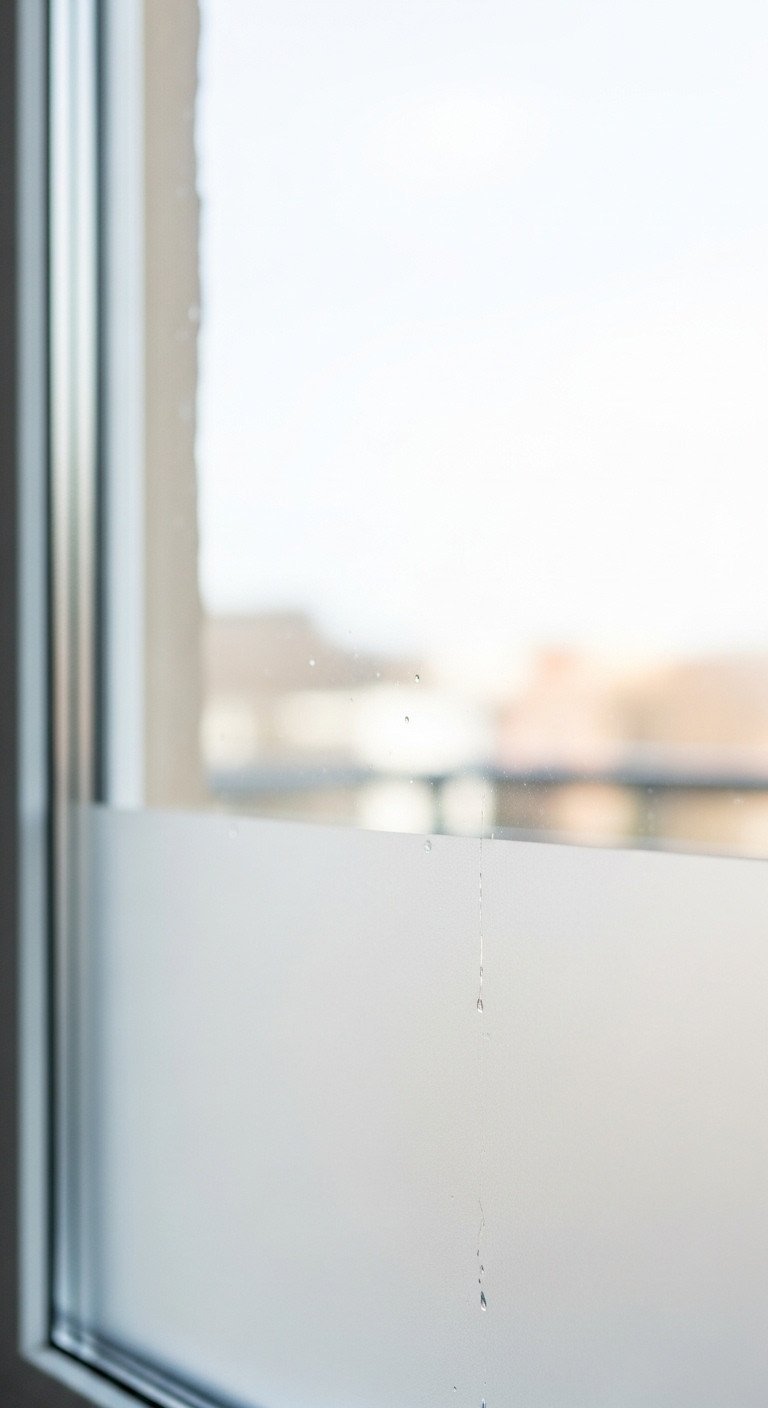 Close-up of frosted static-cling privacy film with an etched texture on a kitchen window, diffusing bright sunlight.
