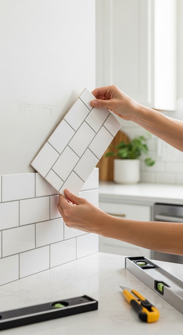 Close-up of glossy peel-and-stick subway tiles with gray grout being applied to a kitchen wall above a quartz countertop.