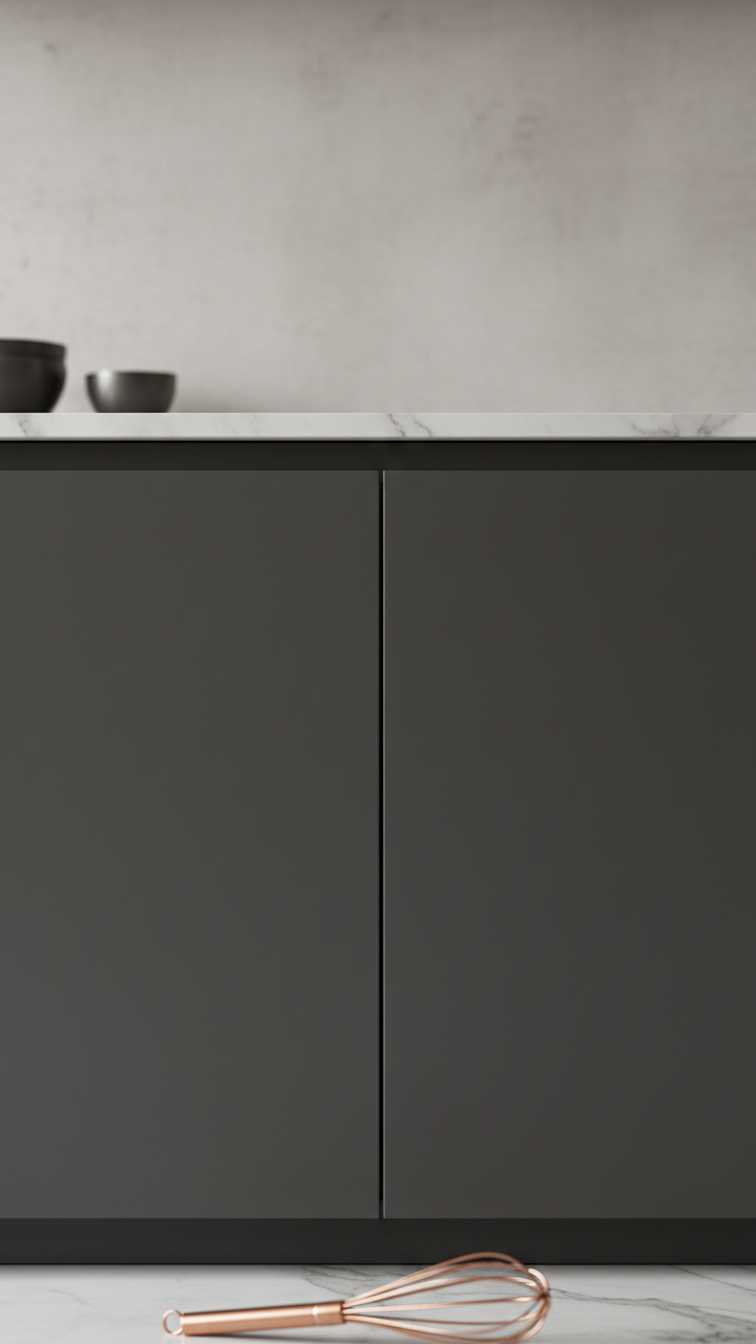 Close-up of handleless dark matte charcoal kitchen cabinets, showcasing sleek lines and custom joinery with copper accents.