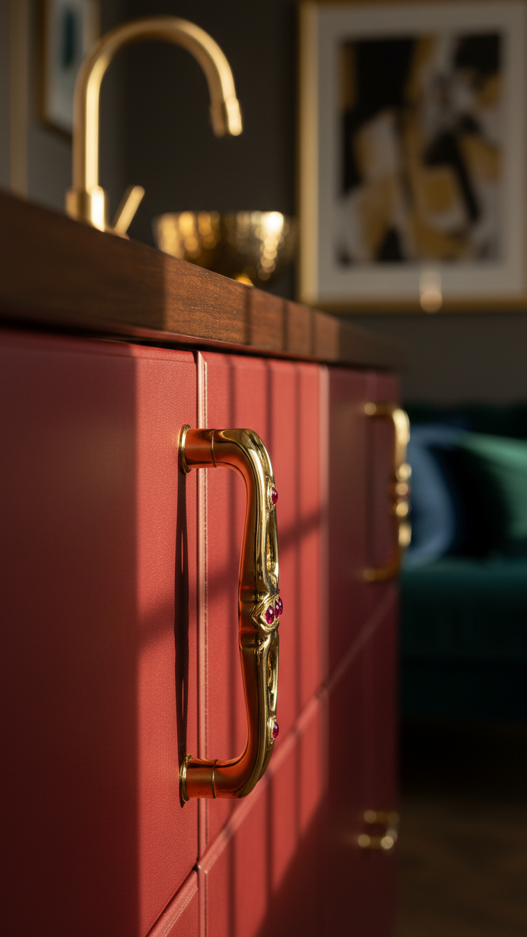 Close-up of luxurious ruby red cabinets with opulent gold hardware pulls, showcasing texture and reflections in golden light.