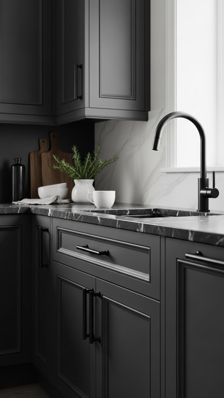 Close-up of matte black cabinet hardware on charcoal gray cabinets with a matching gooseneck faucet and marble countertop.