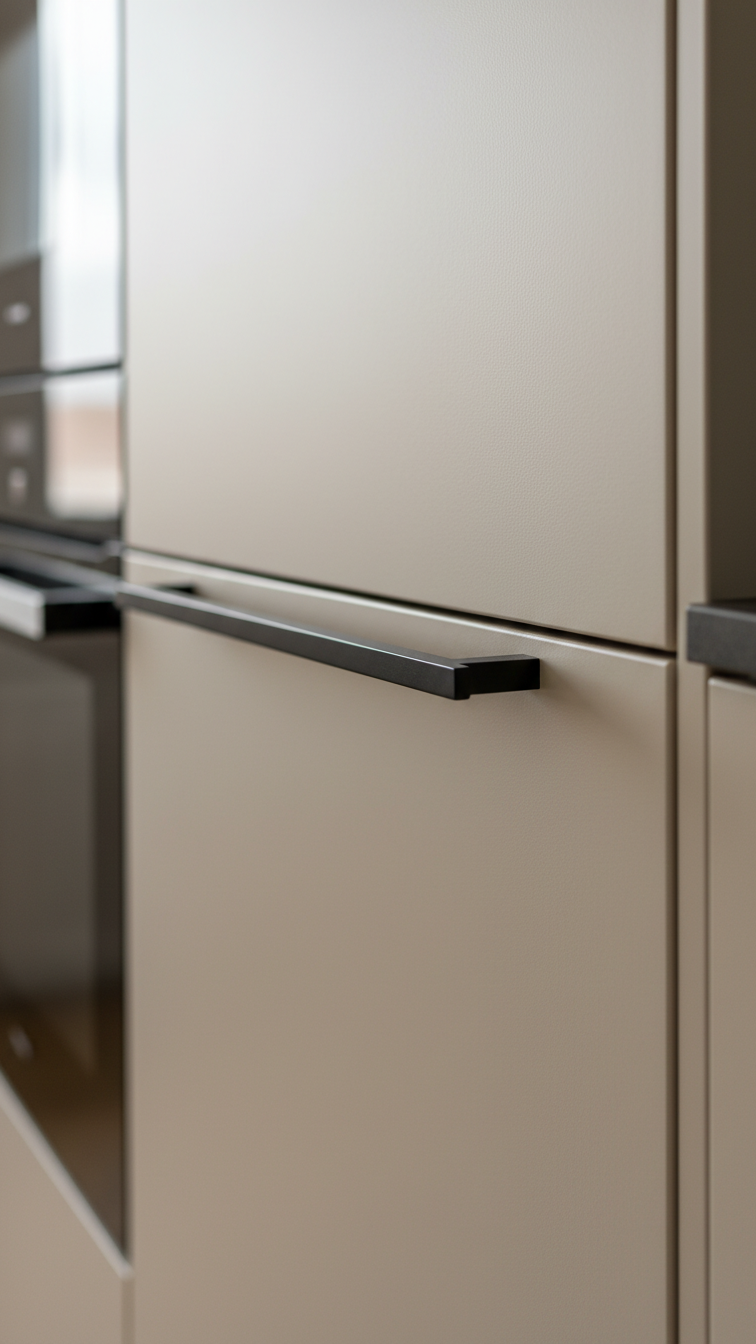 Close-up of minimalist beige cabinet door featuring a long, thin matte black handle, highlighting modern hardware.