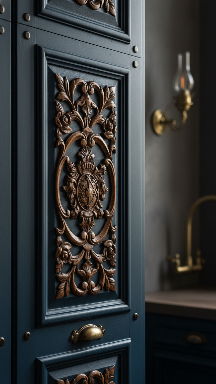 Close-up of ornate Victorian kitchen moulding on dark navy cabinets, intricate carved details, bespoke joinery, elegant design.