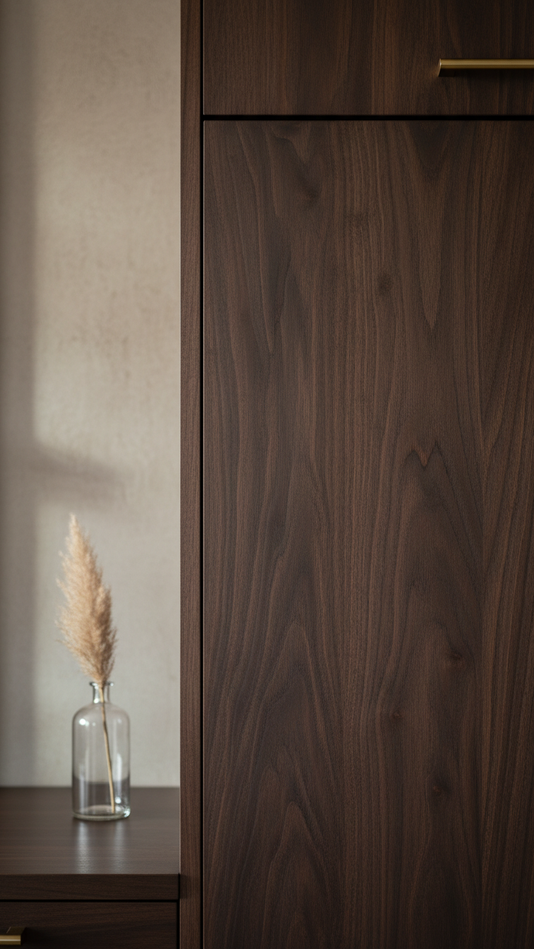 Close-up of smooth dark walnut kitchen cabinet door with horizontal grain, natural texture, simple brass handle, glass vase.