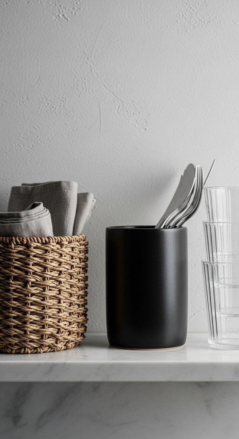 Close-up of textural decor on a marble shelf, including a wicker basket with linens and a matte black utensil holder.