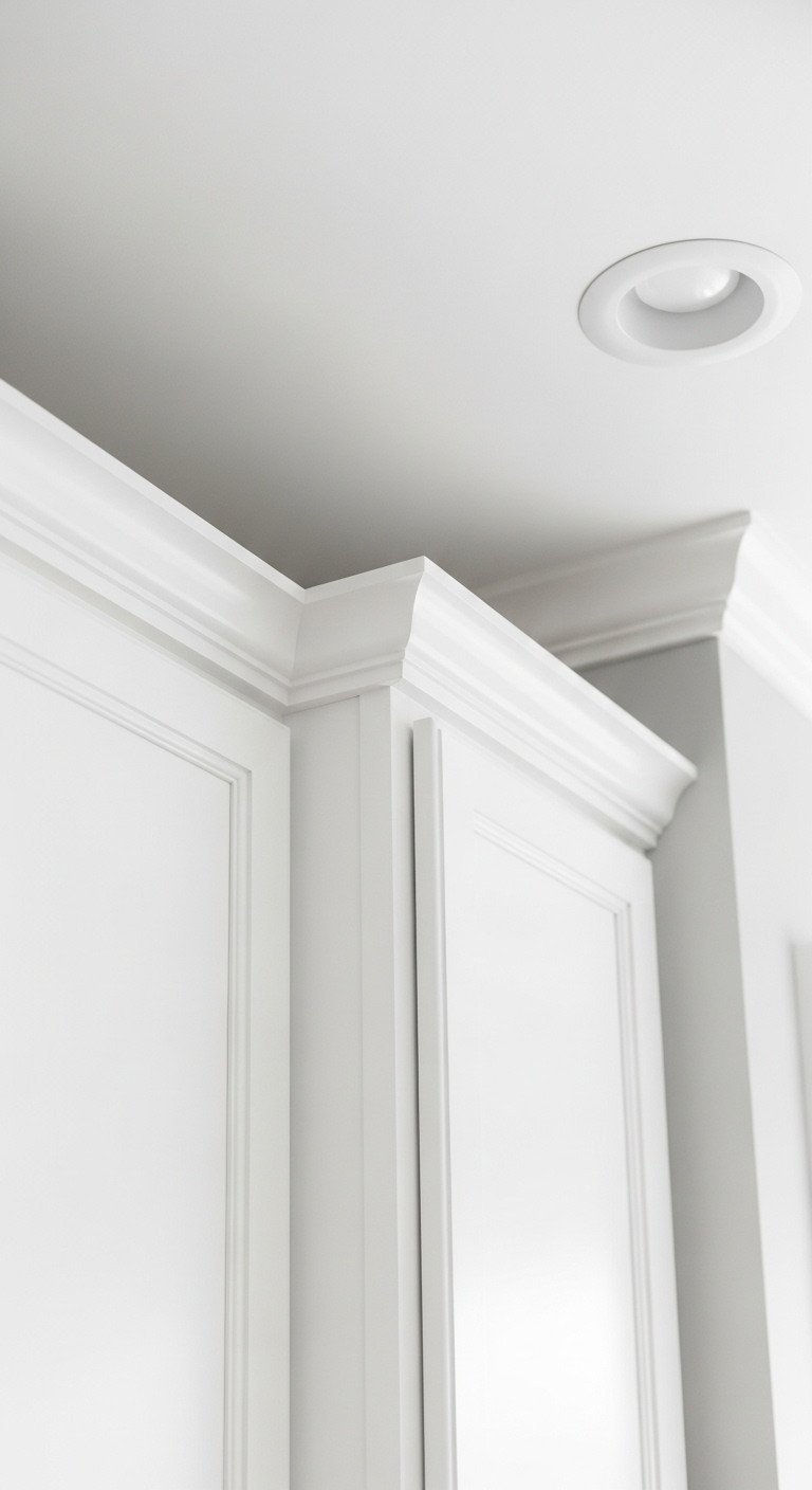Close-up on the top corner of white kitchen cabinets with newly installed crown molding for a high-end, custom-built look.