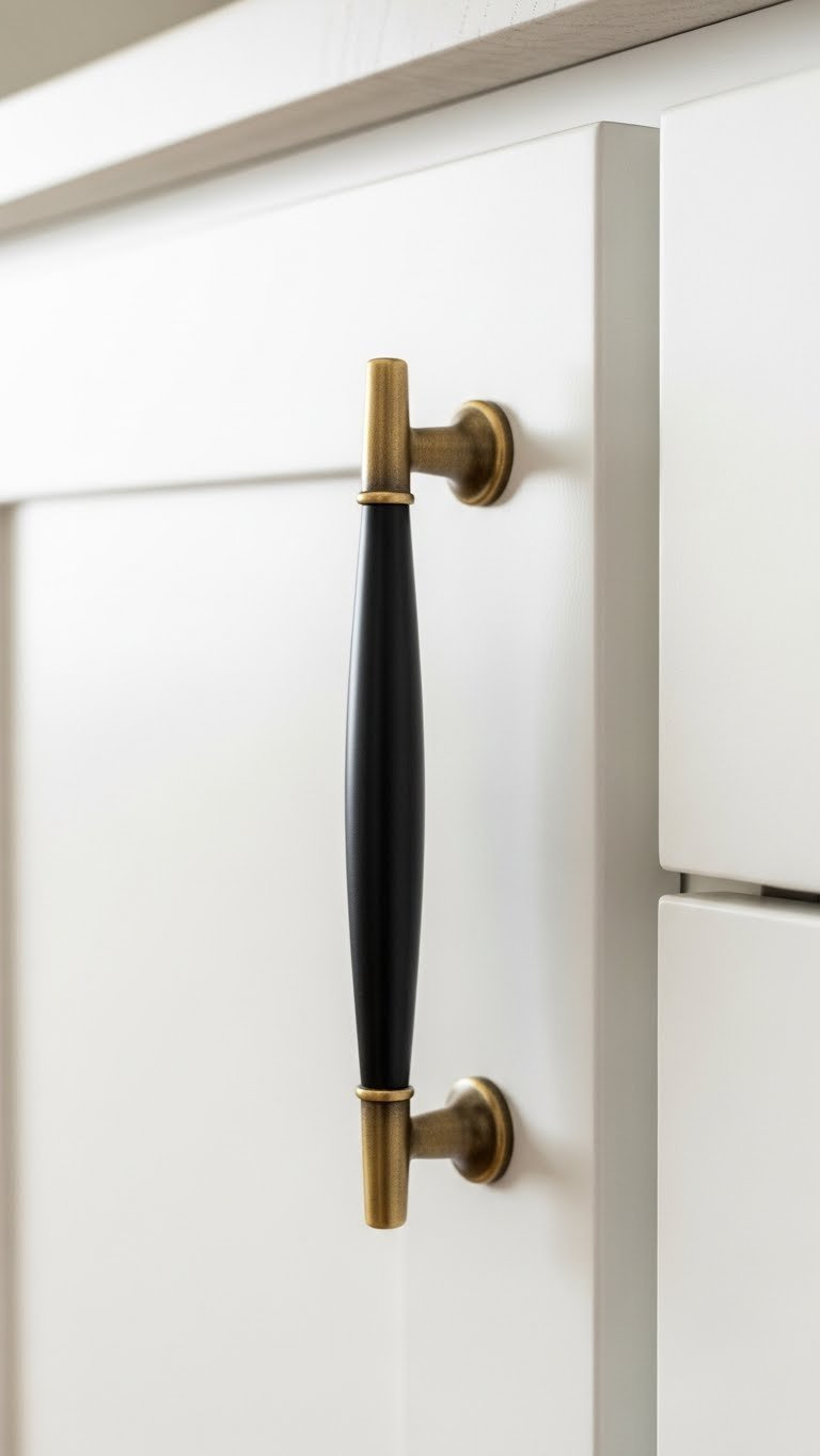 Close-up: white shaker cabinet drawer with sleek matte black pull handle. Elegant kitchen hardware, modern design detail.