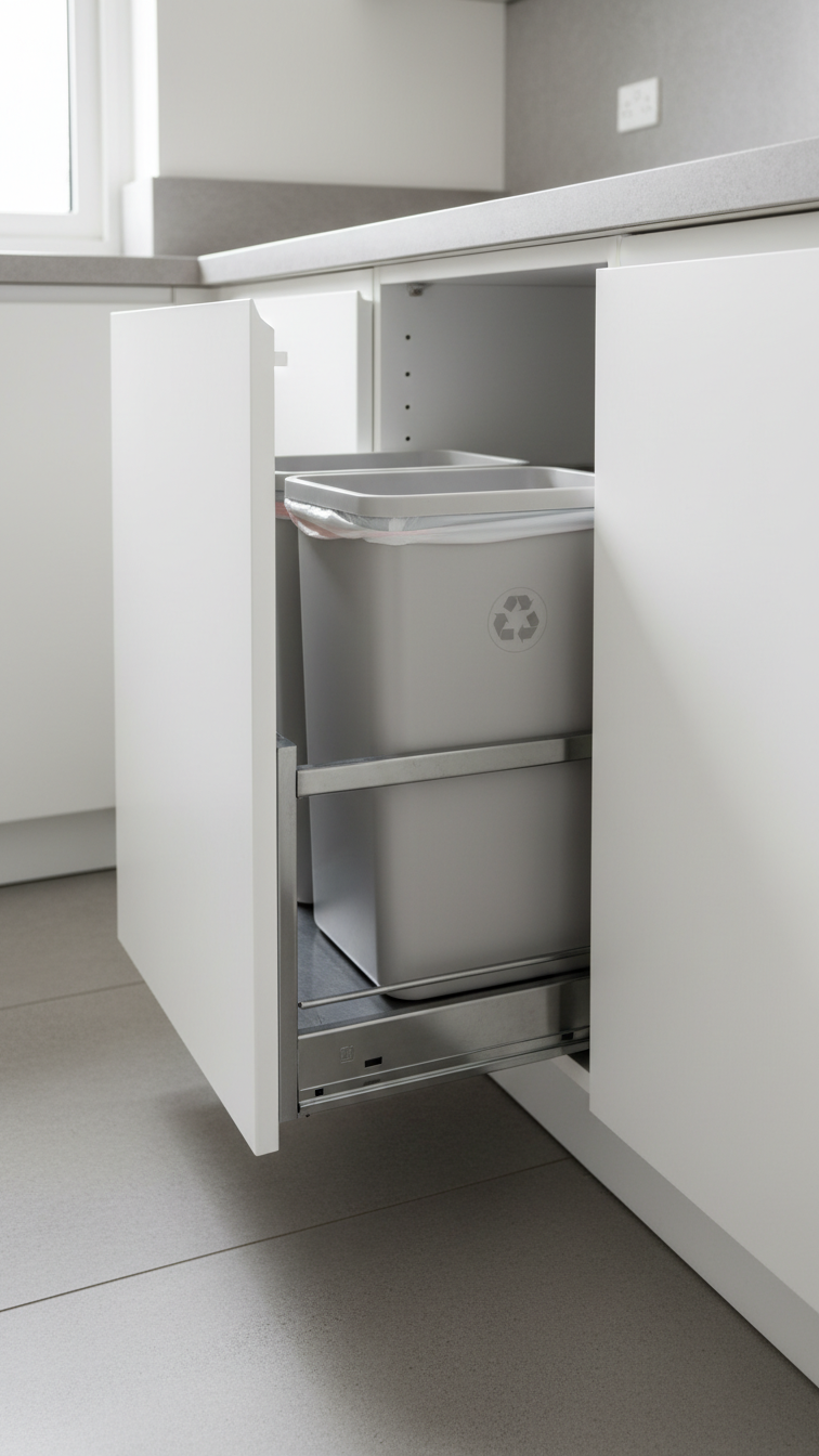 Clutter-free modern kitchen with pull-out cabinet revealing integrated trash and recycling bins for concealed waste.