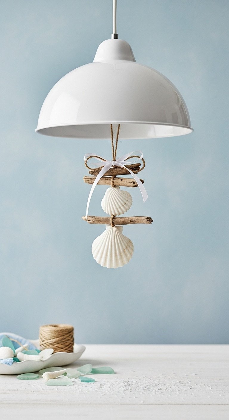 Coastal Christmas kitchen white dome pendant light with scallop shells, driftwood, and twine for a serene beachy holiday.