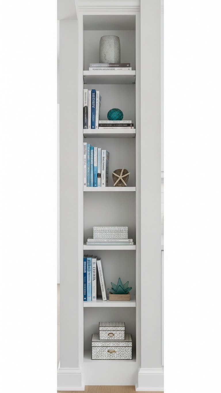 Coastal built-in storage: white shaker style unit with books and decor, seamlessly integrated into living room wall.