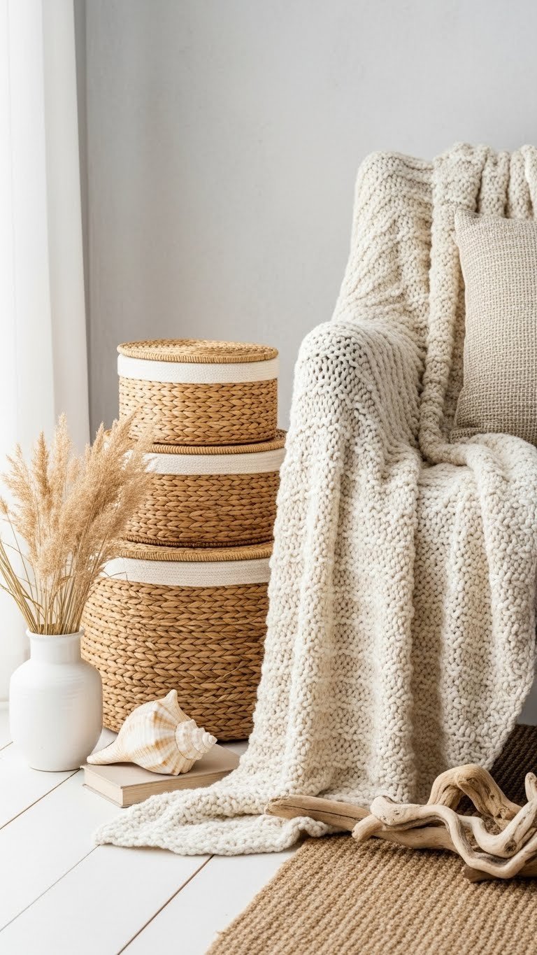 Coastal decor vignette: layered natural textures featuring woven baskets, knit throw, jute rug, and driftwood.