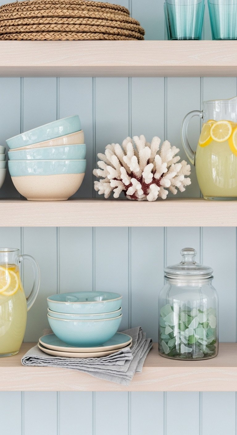 Coastal-inspired kitchen with whitewashed wood shelves styled with blue ceramic bowls, white coral, and sea glass.
