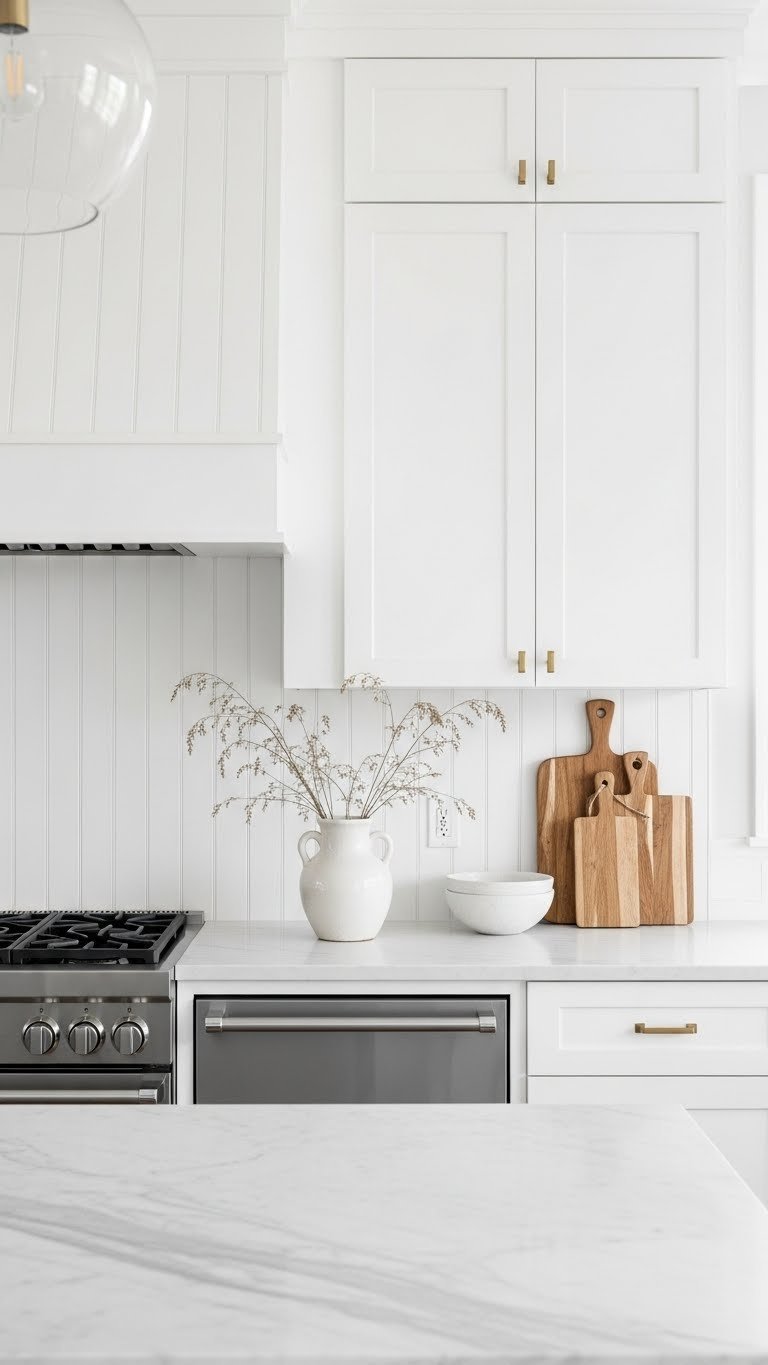 Coastal kitchen detail: white vertical shiplap paneling backsplash with natural wood countertops and open shelving on marble.