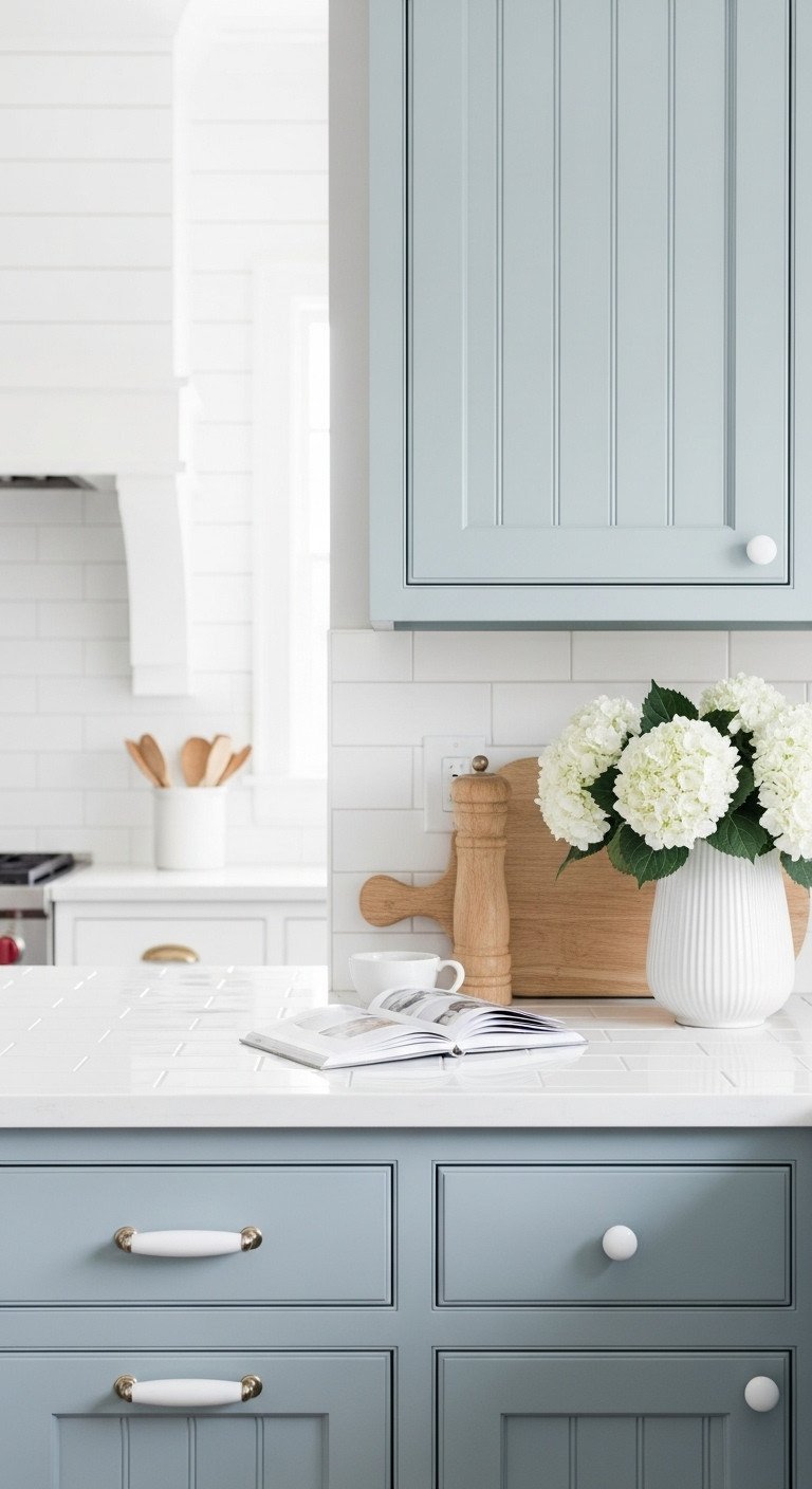 Coastal kitchen features dusty blue beadboard cabinets, white subway tile, light wood accents, hydrangeas. Breezy, serene design.