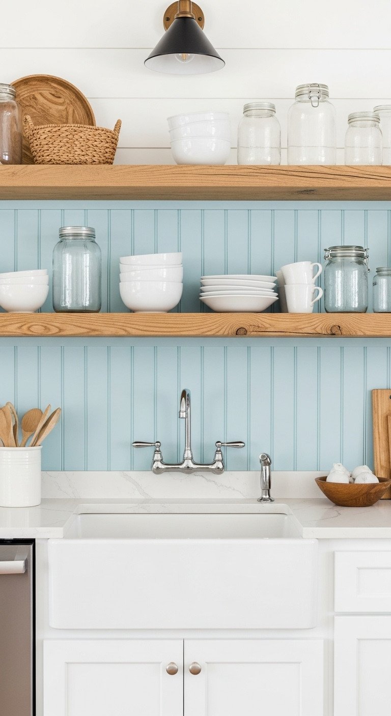 Coastal kitchen with soft blue beadboard backsplash, reclaimed wood open shelves, white ceramics, woven baskets.