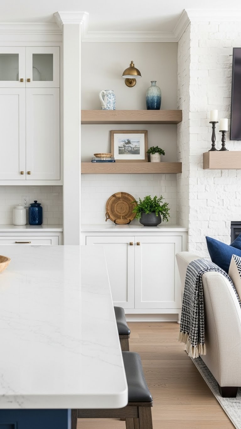 Cohesive open concept kitchen and living room with white quartz accents and deep navy blue cabinetry & textiles for unified design.